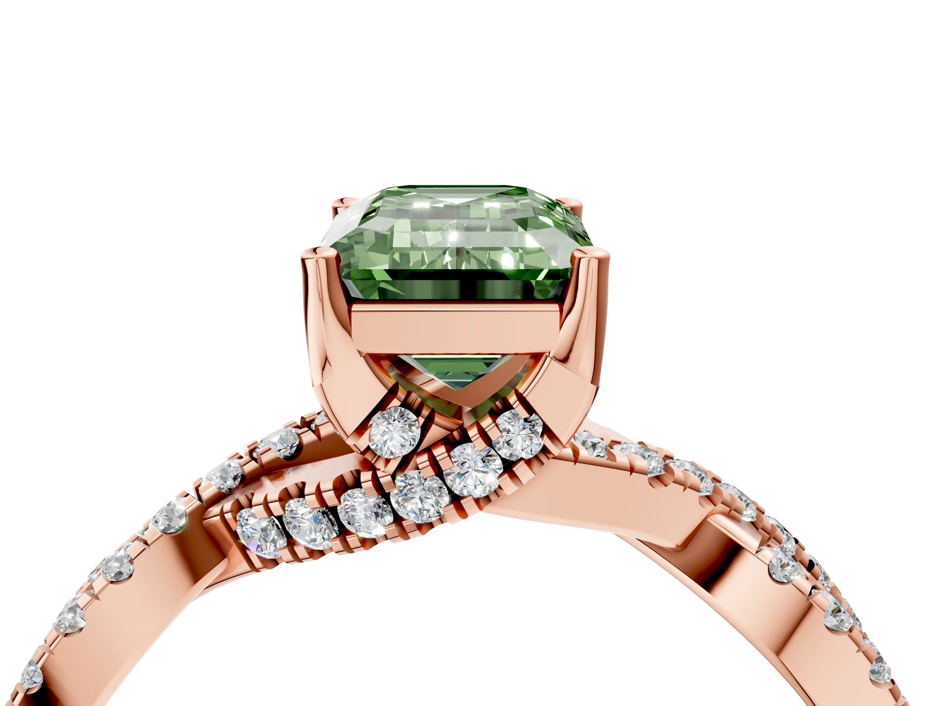 Rose gold Fancy Green Emerald Cut Solitaire Twist Pave Diamond Engagement Ring with Prong Setting_28