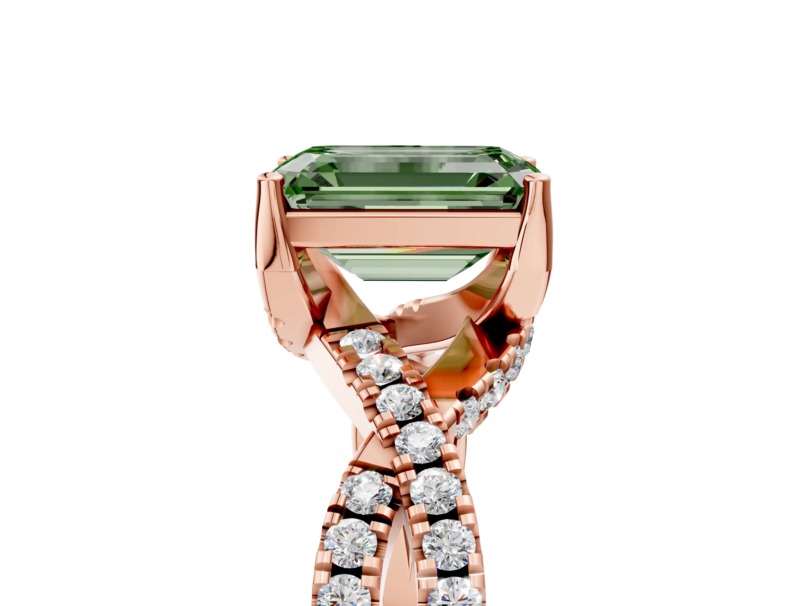 Rose gold Fancy Green Emerald Cut Solitaire Twist Pave Diamond Engagement Ring with Prong Setting_29