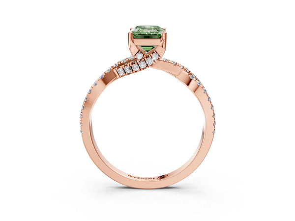 Rose gold Fancy Green Emerald Cut Solitaire Twist Pave Diamond Engagement Ring with Prong Setting