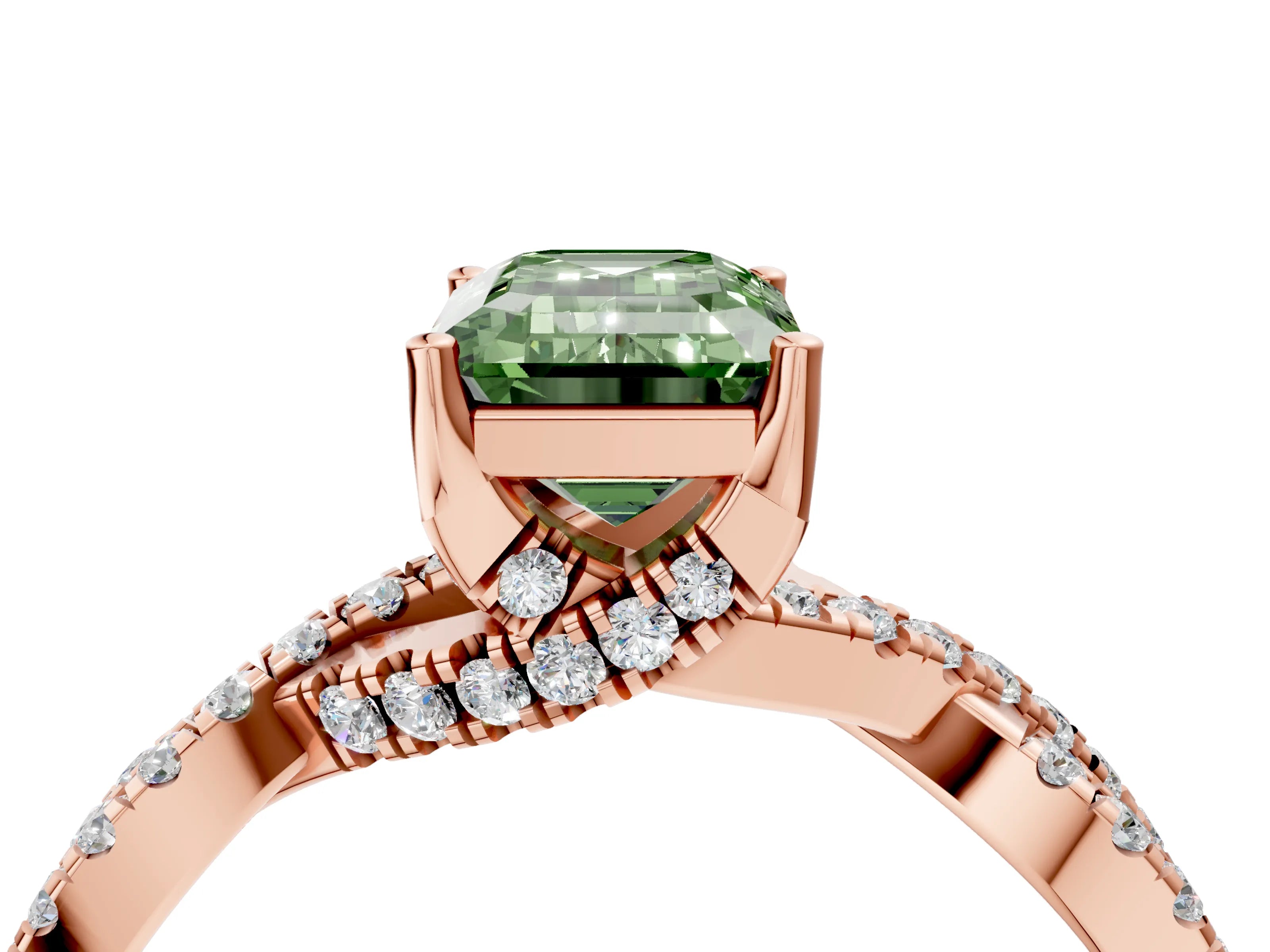 Rose gold Fancy Green Emerald Cut Solitaire Twist Pave Diamond Engagement Ring with Prong Setting_4
