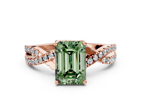 Rose gold Fancy Green Emerald Cut Solitaire Twist Pave Diamond Engagement Ring with Prong Setting