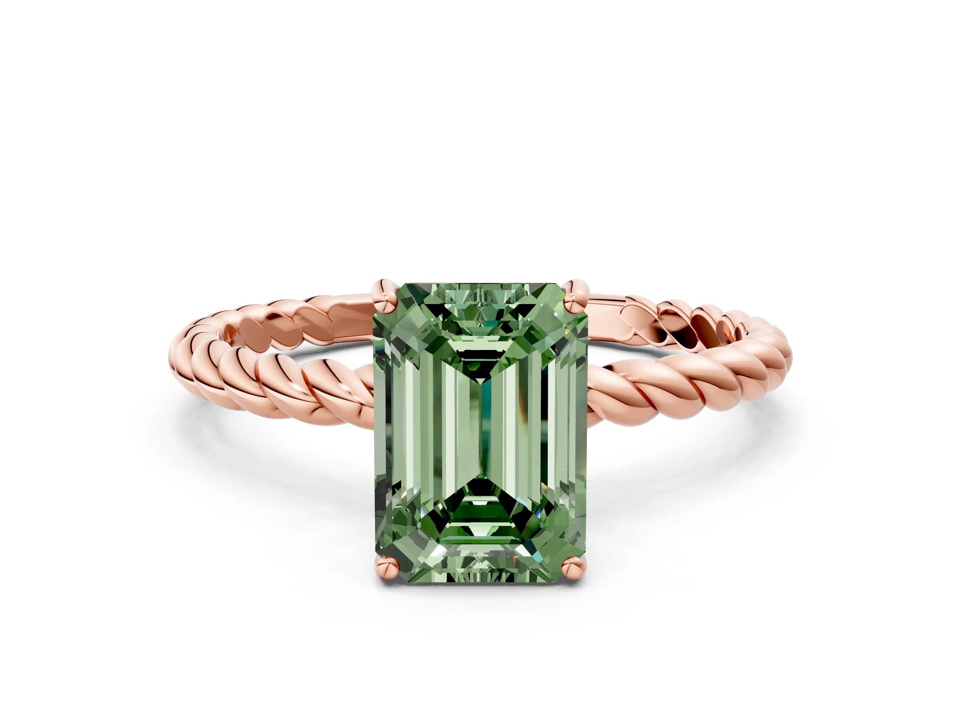 Rose gold Fancy Green Emerald Cut Solitaire Twisted Band 4-Prong Ring