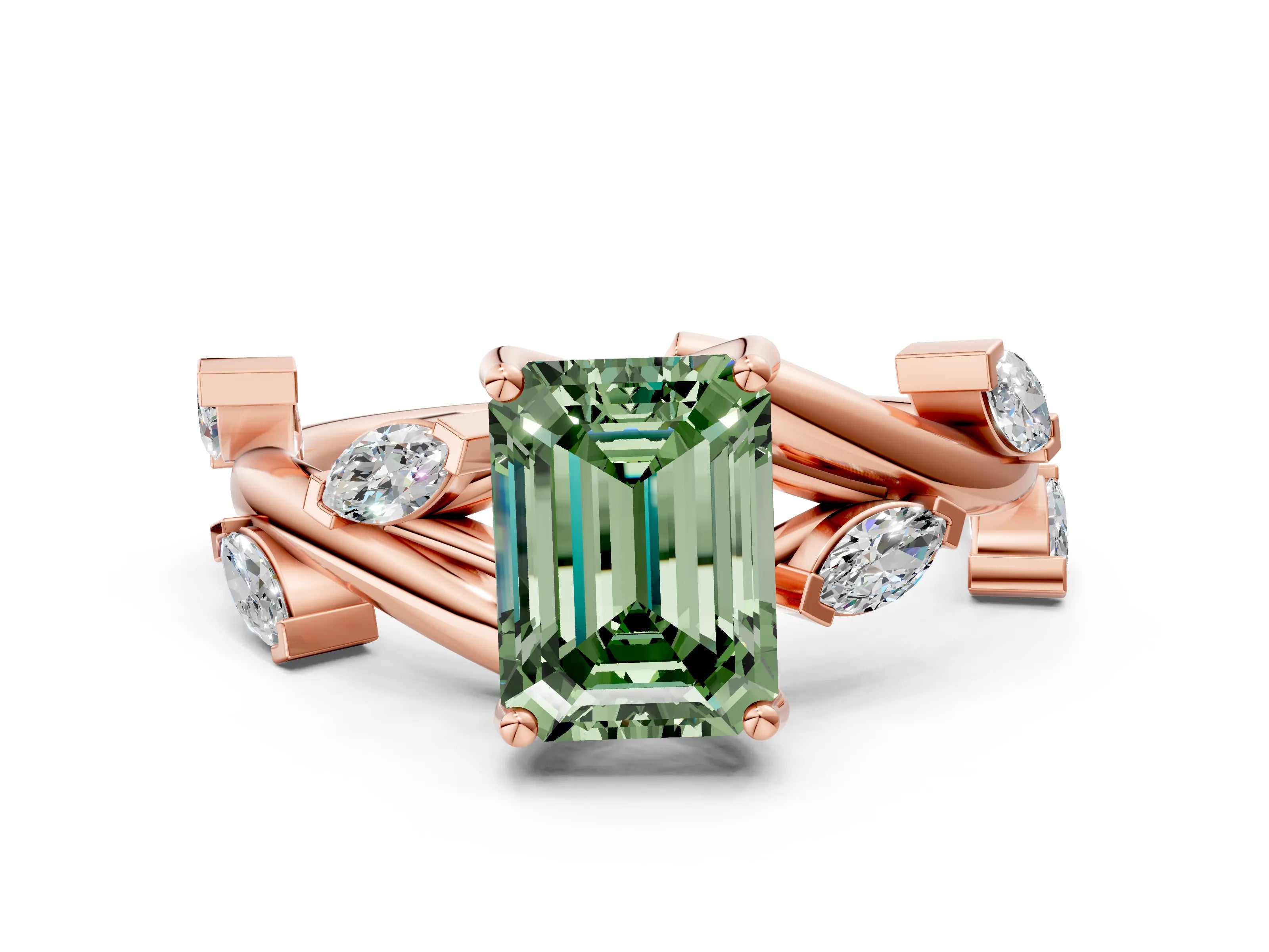 Rose gold Fancy Green Emerald Cut Solitaire Twisted Band Marquise Accent Prong Setting Ring