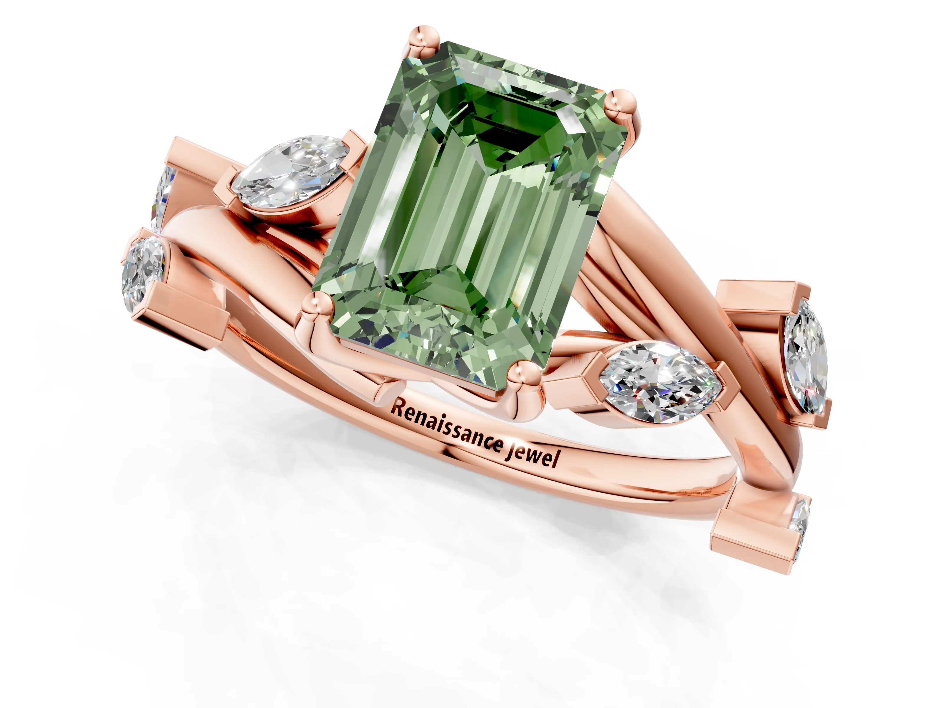 Rose gold Fancy Green Emerald Cut Solitaire Twisted Band Marquise Accent Prong Setting Ring_1
