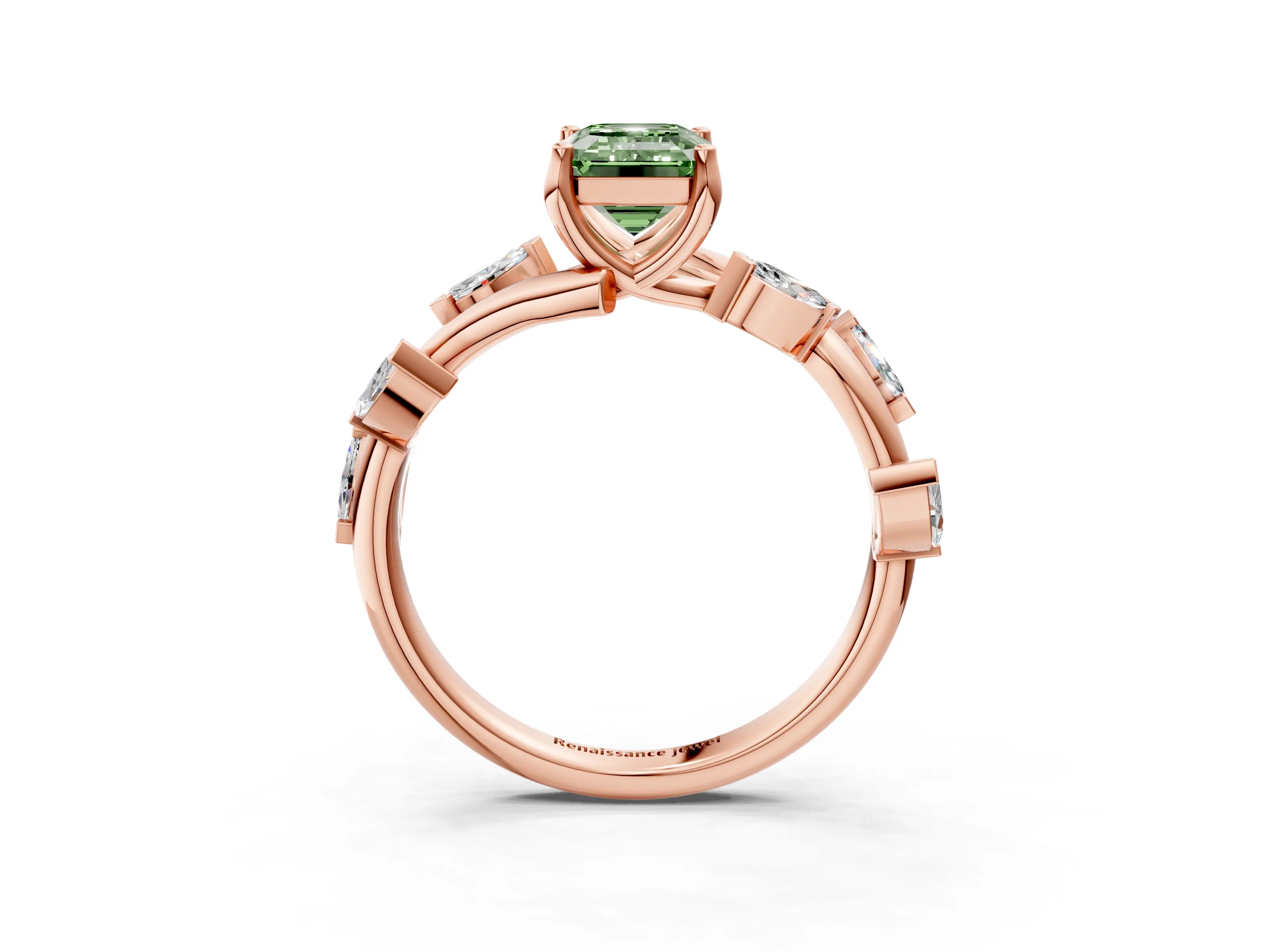 Rose gold Fancy Green Emerald Cut Solitaire Twisted Band Marquise Accent Prong Setting Ring_3