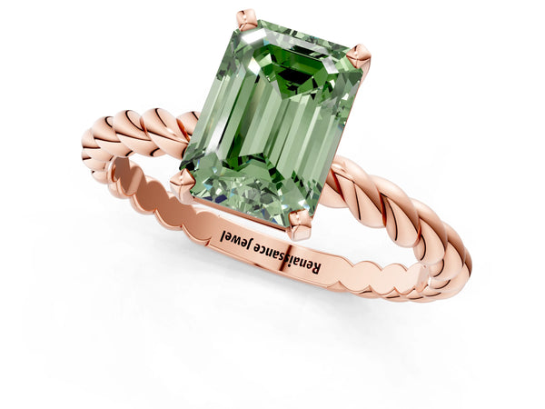 Rose gold Fancy Green Emerald  Cut Solitaire Twisted Band with Four-Prong Setting