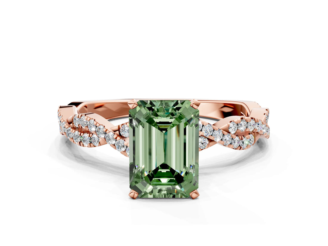 Rose gold Fancy Green Emerald Cut Solitaire Twisted Pave Band with Four-Prong Setting_3