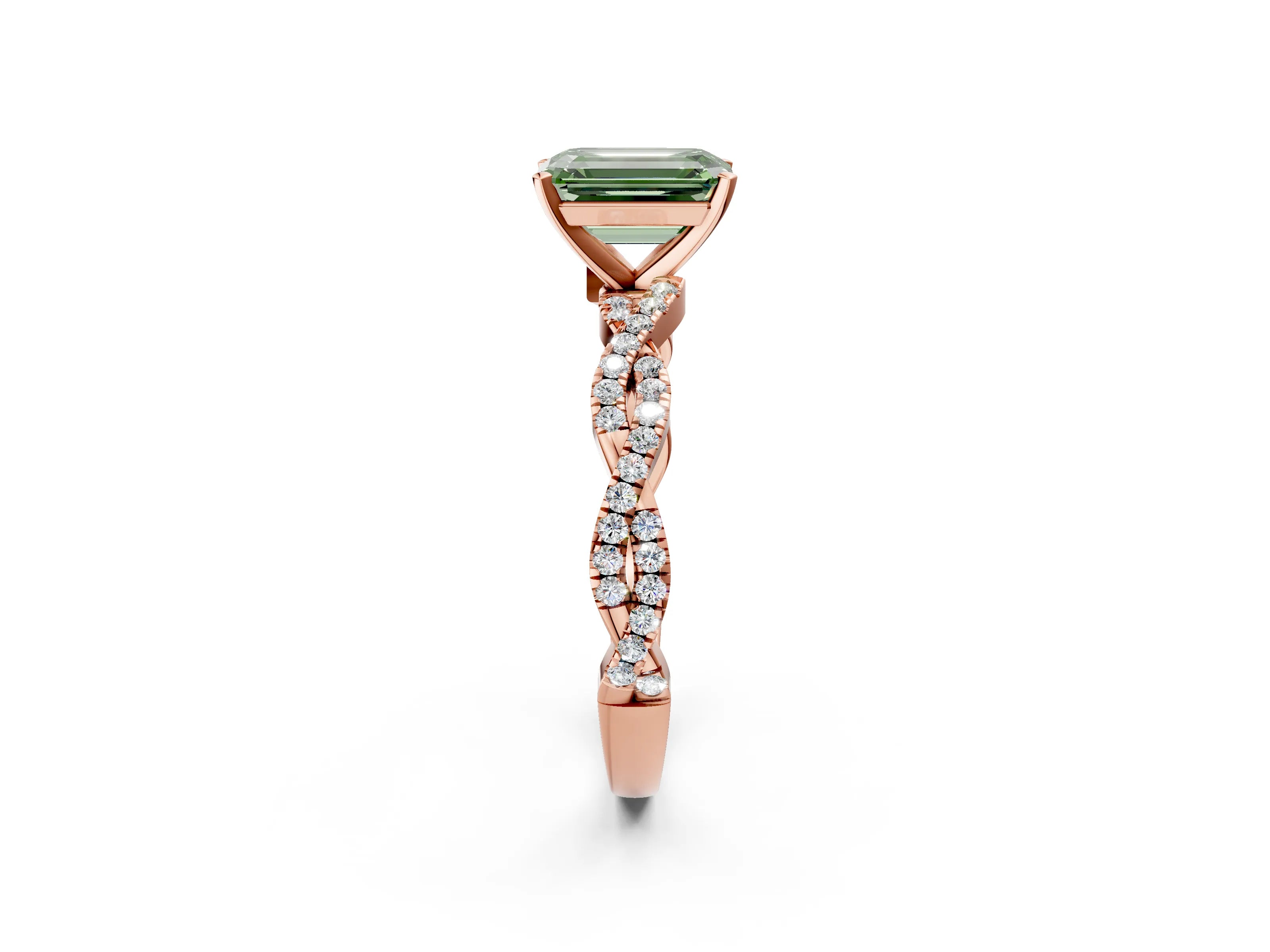 Rose gold Fancy Green Emerald Cut Solitaire Twisted Pave Band with Four-Prong Setting_5