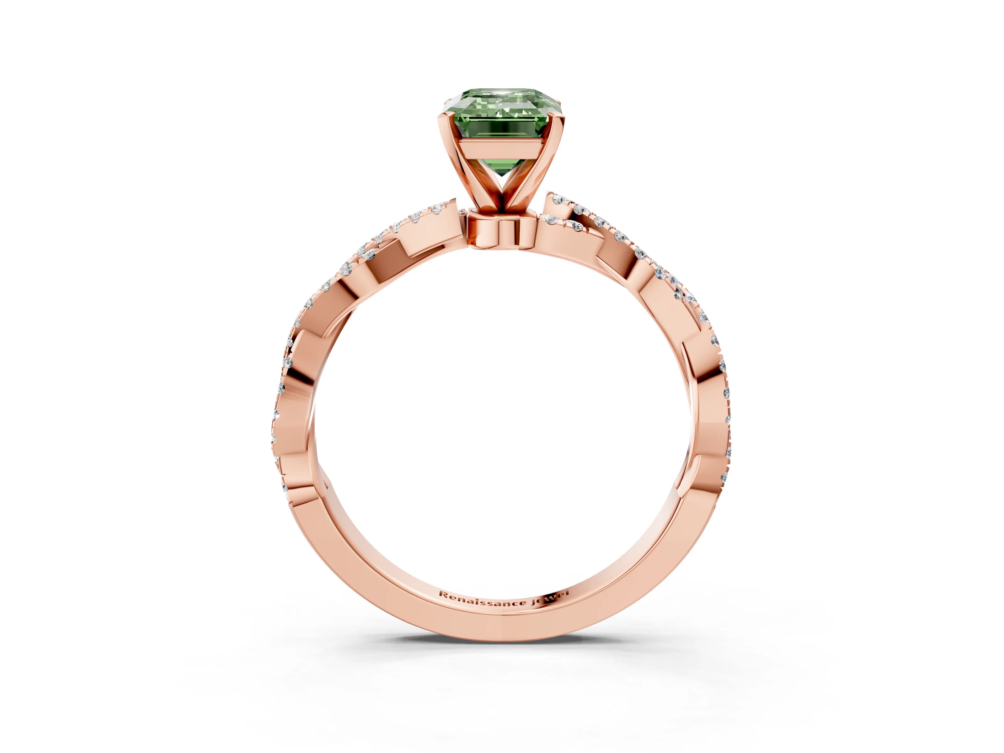 Rose gold Fancy Green Emerald Cut Solitaire Twisted Pave Band with Four-Prong Setting_6