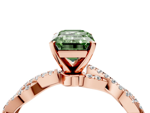 Rose gold Fancy Green Emerald Cut Solitaire Twisted Pave Band with Four-Prong Setting_7
