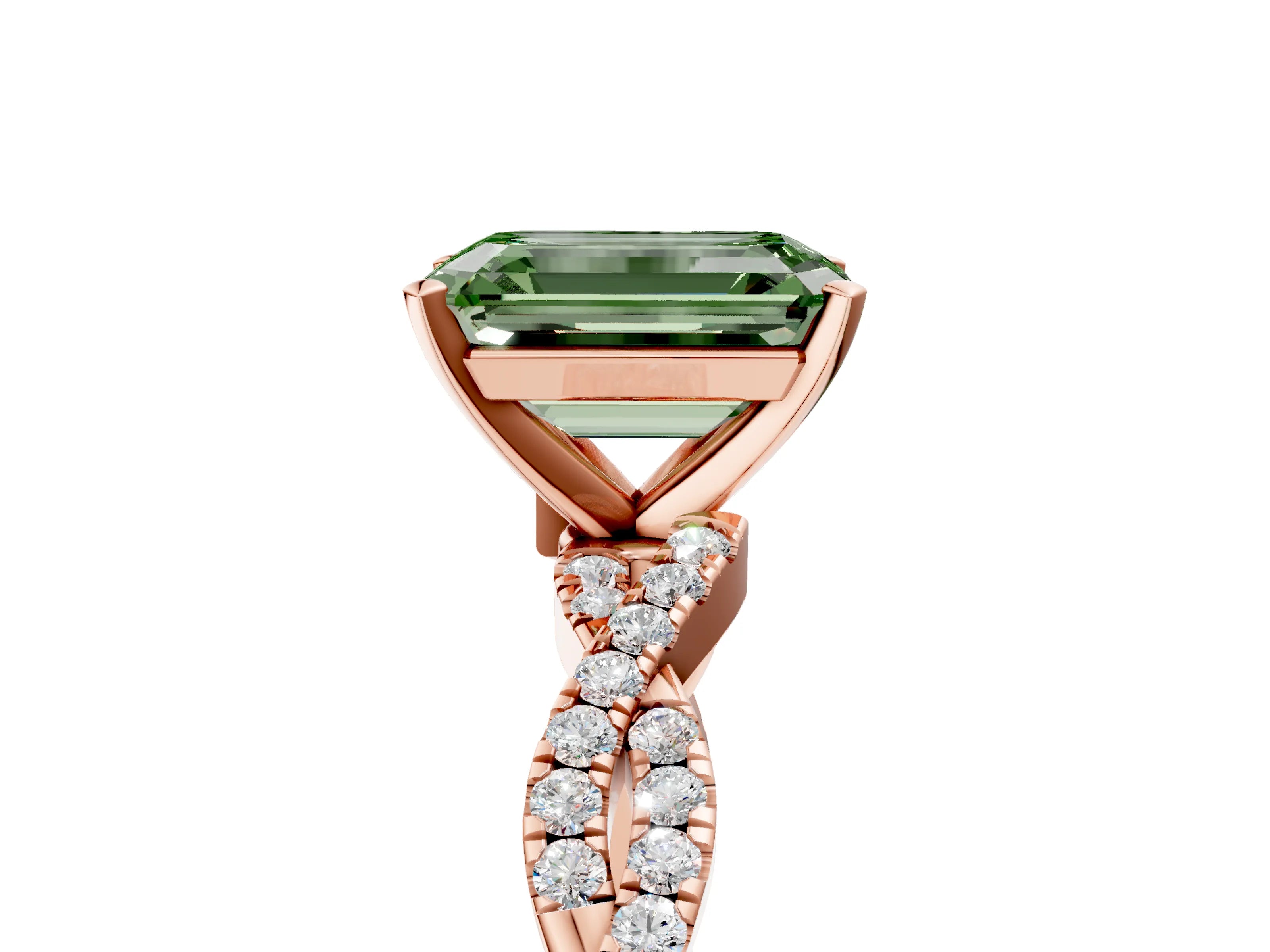 Rose gold Fancy Green Emerald Cut Solitaire Twisted Pave Band with Four-Prong Setting_8