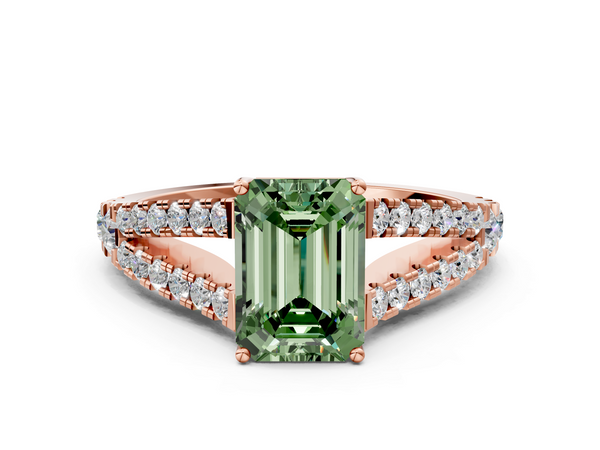 Rose gold Fancy Green Emerald  Cut Split Shank Pave Diamond Engagement Ring with Four-Prong Setting
