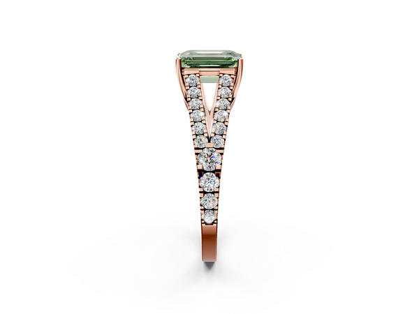 Rose gold Fancy Green Emerald  Cut Split Shank Pave Diamond Engagement Ring with Four-Prong Setting