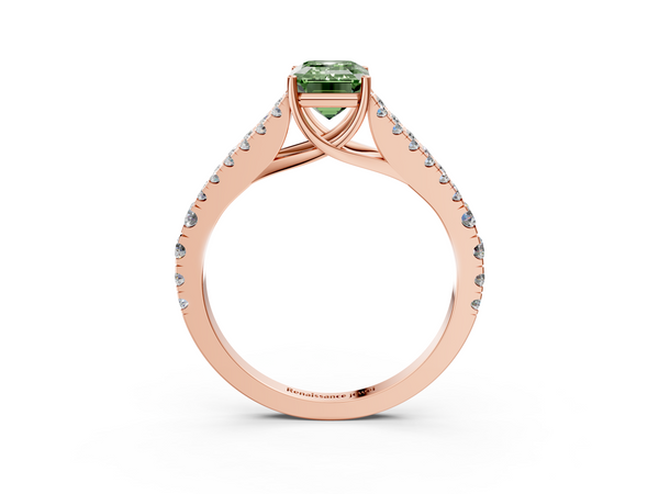 Rose gold Fancy Green Emerald  Cut Split Shank Pave Diamond Engagement Ring with Four-Prong Setting