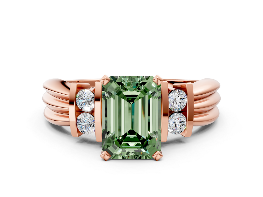Rose gold Fancy Green Emerald  Cut Three-Stone Channel Set Ring with Bar Prongs_42