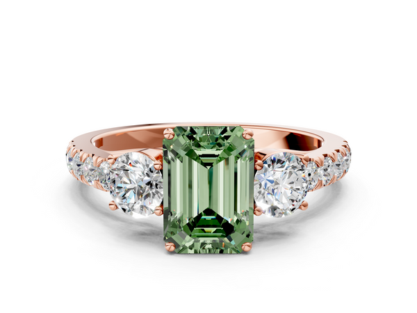 Rose gold Fancy Green Emerald  Cut Diamond Three-Stone Ring with Round Side Stones and Pavé Band