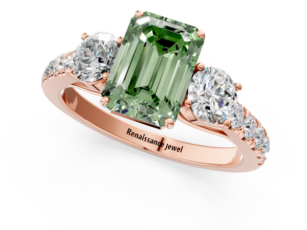 Rose gold Fancy Green Emerald  Cut Diamond Three-Stone Ring with Round Side Stones and Pavé Band