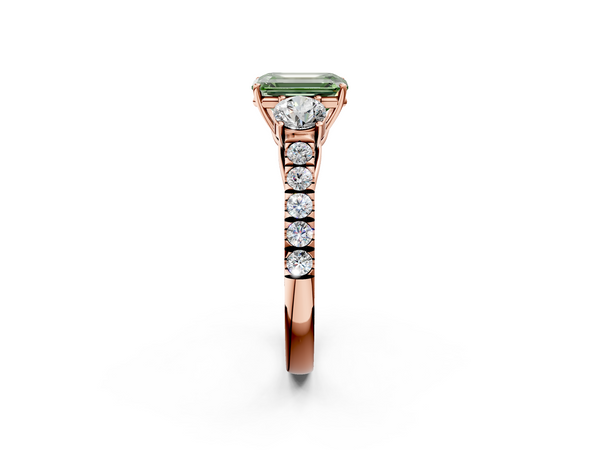 Rose gold Fancy Green Emerald  Cut Diamond Three-Stone Ring with Round Side Stones and Pavé Band