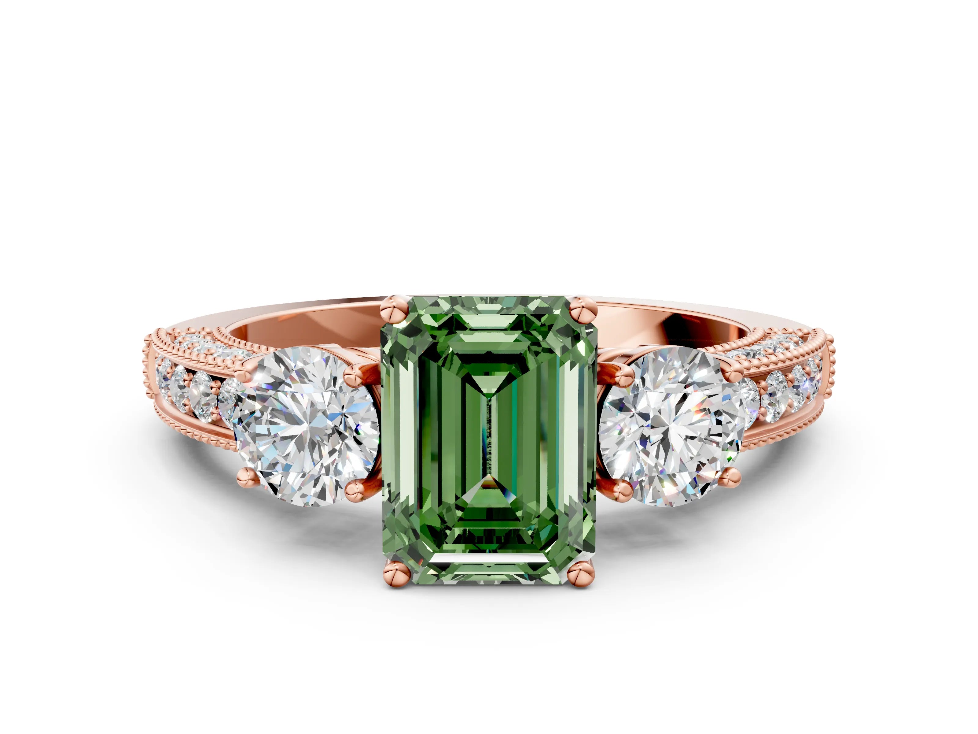 Rose gold Fancy Green Emerald Cut Three-Stone Diamond Ring with Pavé Band and Four-Prong Setting