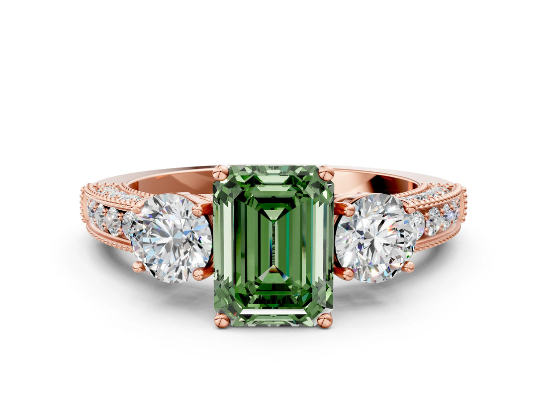 Rose gold Fancy Green Emerald Cut Three-Stone Diamond Ring with Pavé Band and Four-Prong Setting