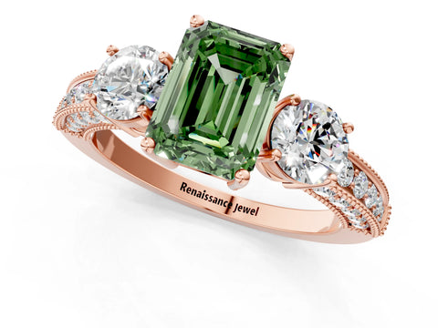 Rose gold Fancy Green Emerald Cut Three-Stone Diamond Ring with Pavé Band and Four-Prong Setting_1