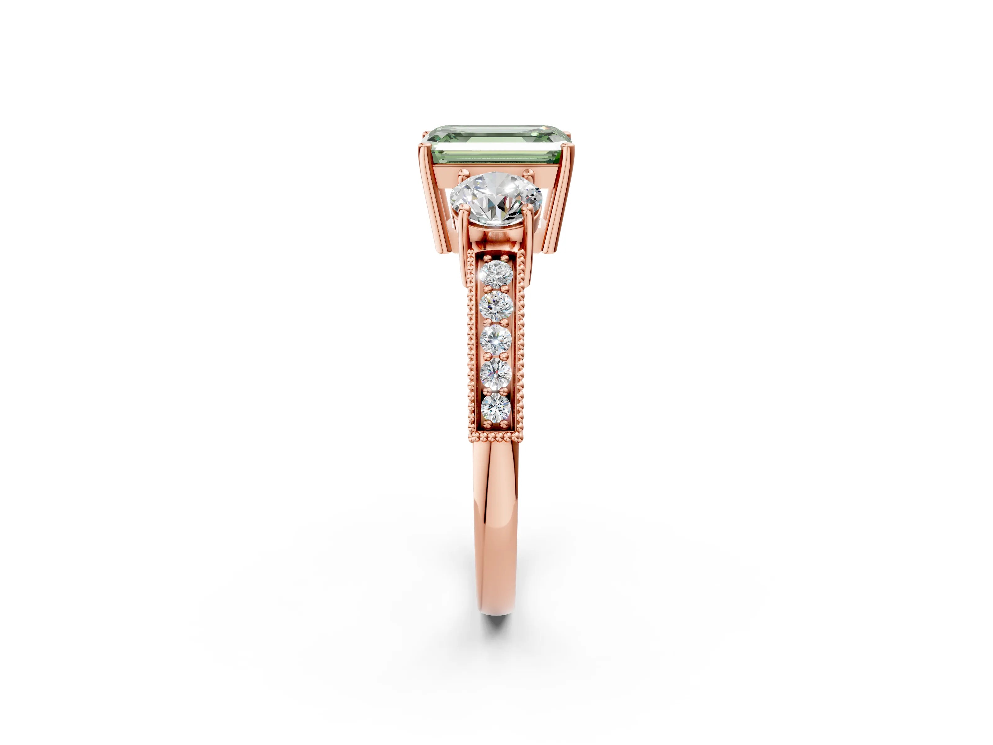 Rose gold Fancy Green Emerald Cut Three-Stone Diamond Ring with Pavé Band and Four-Prong Setting_2