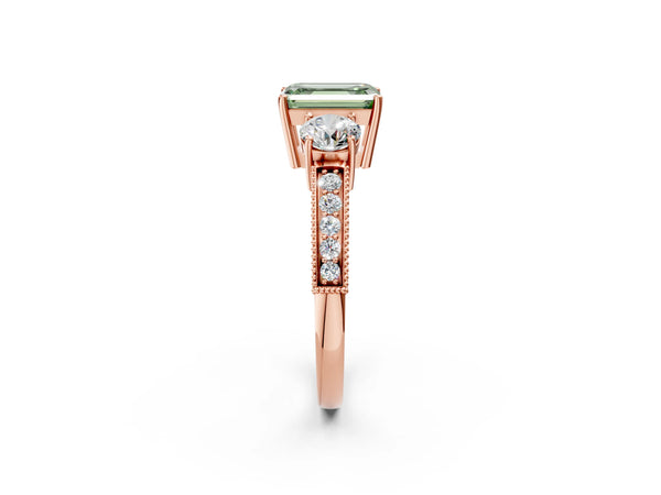 Rose Gold Emerald Cut Graduated Three Stone Engagement Ring Setting for Fancy Green Center