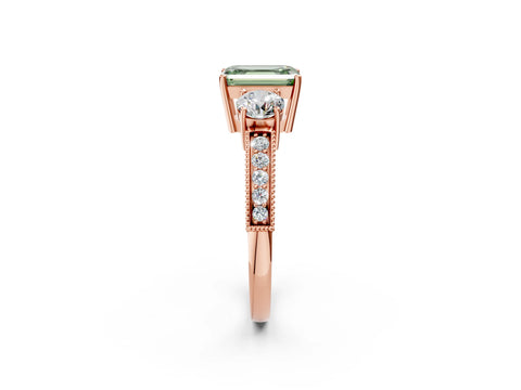 Rose gold Fancy Green Emerald Cut Three-Stone Diamond Ring with Pavé Band and Four-Prong Setting_2