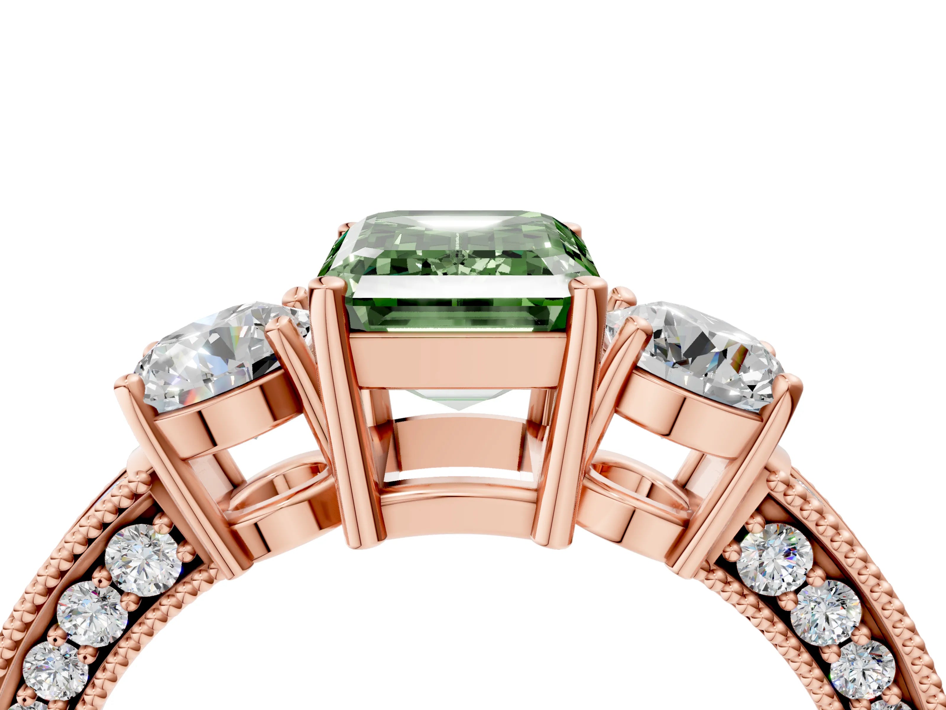 Rose gold Fancy Green Emerald Cut Three-Stone Diamond Ring with Pavé Band and Four-Prong Setting_4