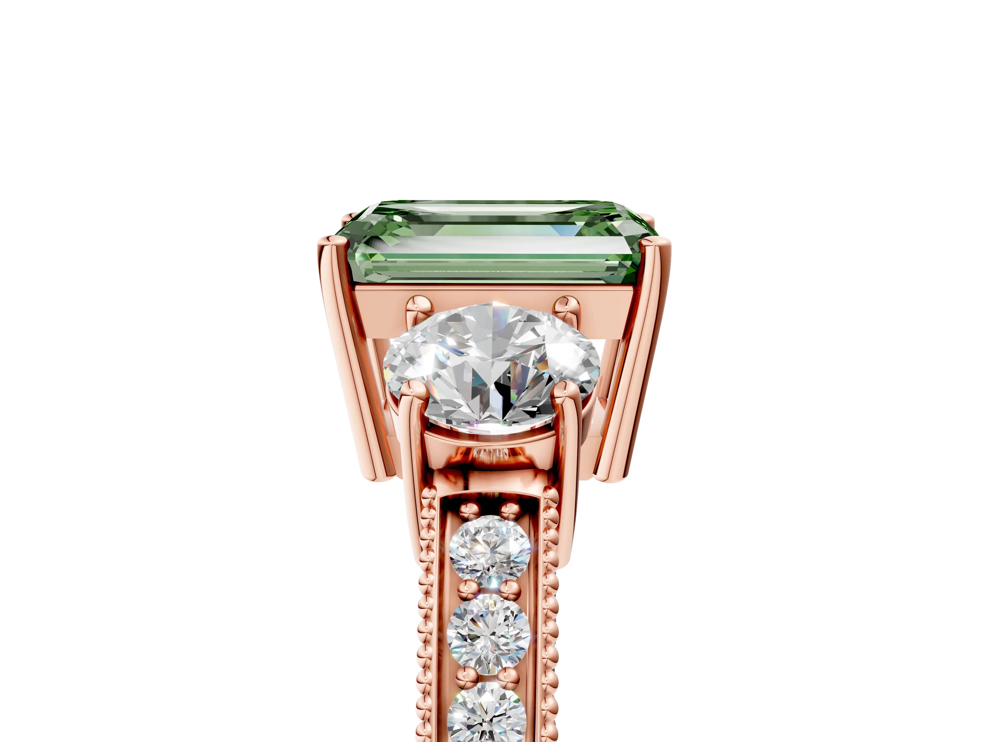 Rose gold Fancy Green Emerald Cut Three-Stone Diamond Ring with Pavé Band and Four-Prong Setting_5