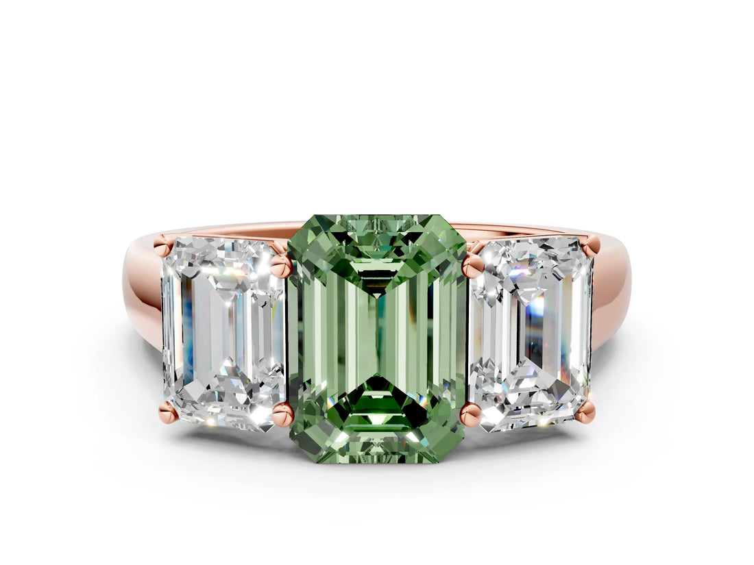 Rose gold Fancy Green Emerald Cut Three-Stone Diamond Ring with Prong Setting on a Classic Band_12