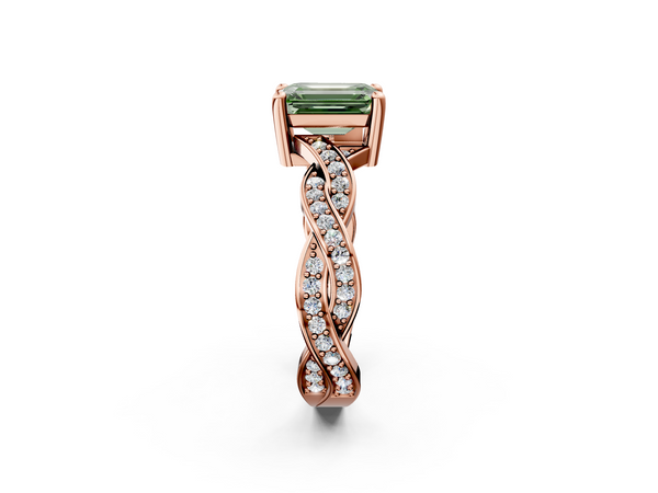 Rose gold Fancy Green Emerald  Cut Twisted Pavé Band Solitaire Ring with Four-Prong Setting