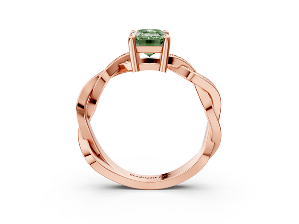 Rose gold Fancy Green Emerald  Cut Twisted Pavé Band Solitaire Ring with Four-Prong Setting