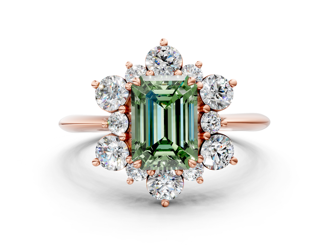 Rose gold Fancy Green Emerald  Diamond Cluster Halo Ring with Solitaire Band and Four-Prong Setting_20