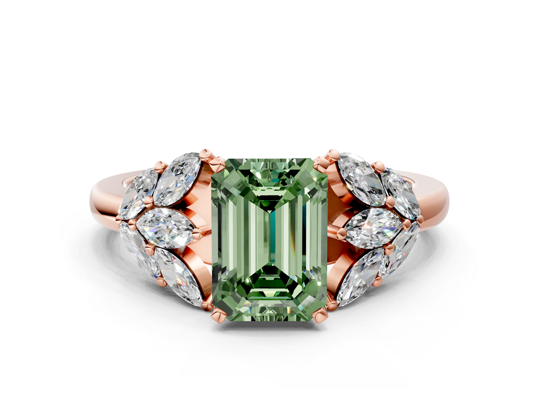 Rose gold Fancy Green Emerald  Diamond Cluster Leaf Design Ring with Prong Setting_50