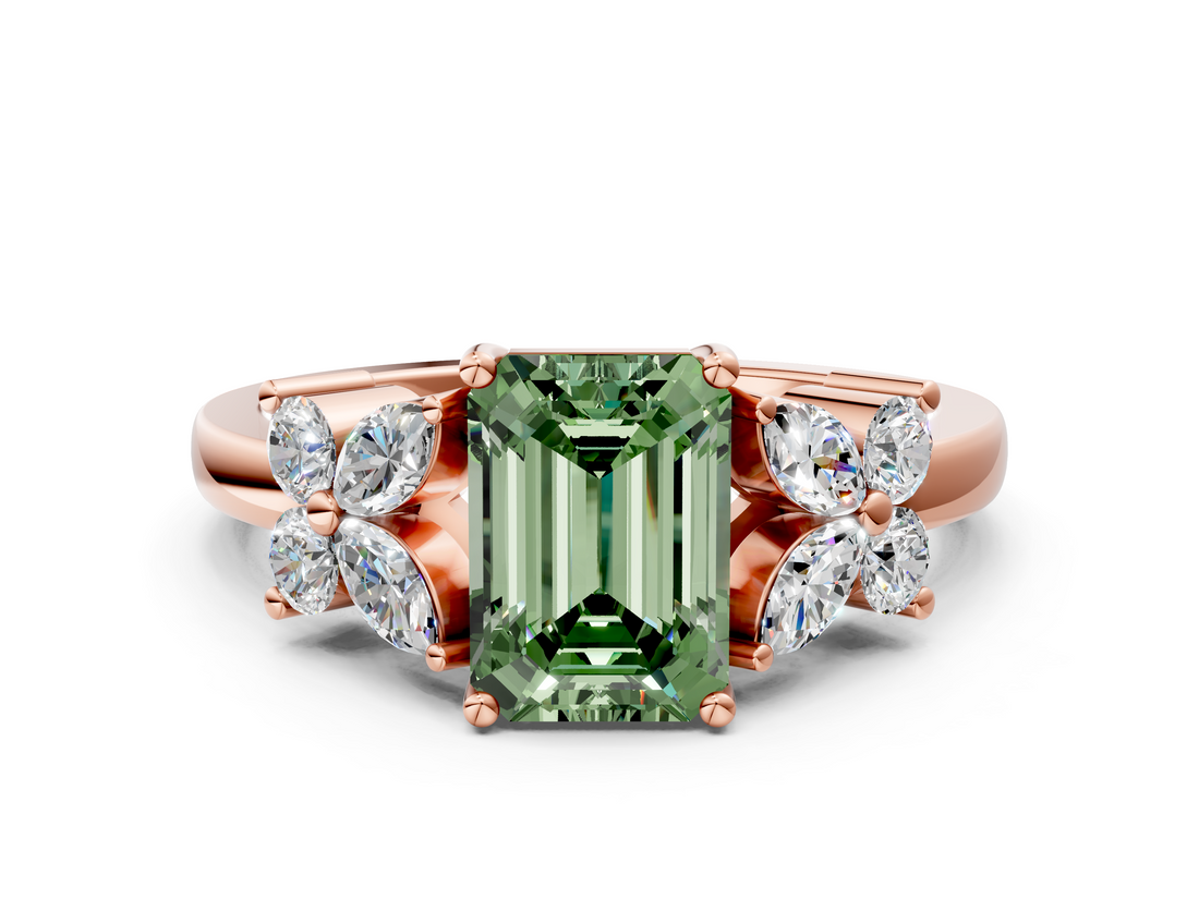 Rose gold Fancy Green Emerald  Diamond Floral Cluster Ring with Solitaire Band and Prong Setting_63