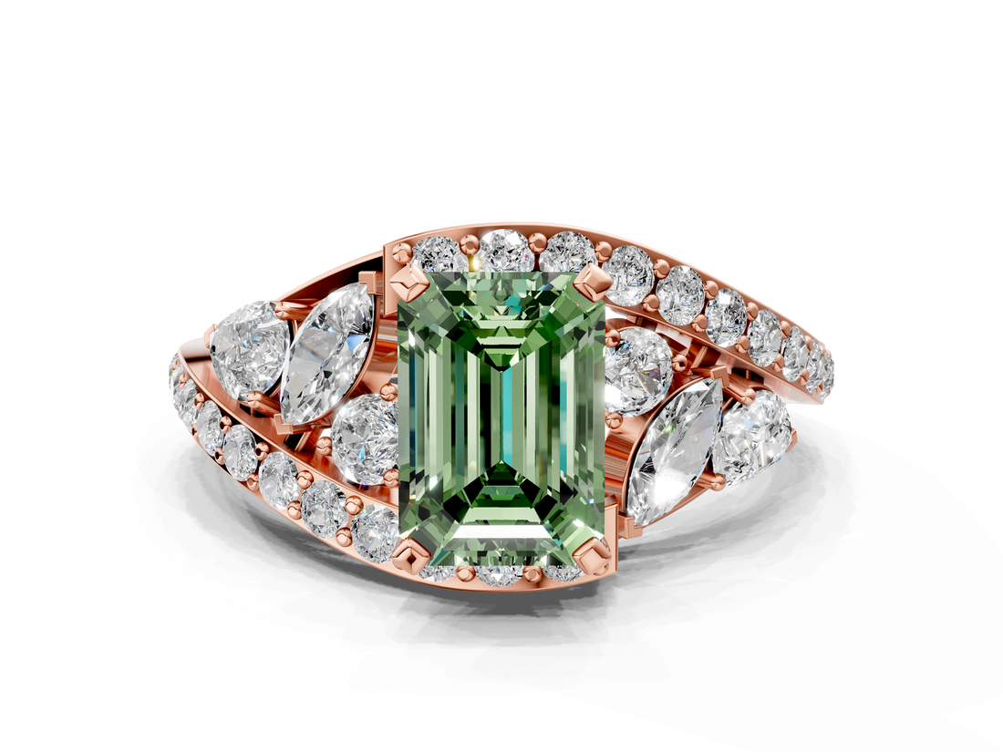 Rose gold Fancy Green Emerald  Diamond Halo Ring with Marquise and Pavé Band in Prong Setting_73