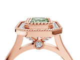 Rose gold Fancy Green Emerald  Diamond Halo Ring with Milgrain Frame and Pavé Band 4