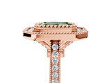 Rose gold Fancy Green Emerald  Diamond Halo Ring with Milgrain Frame and Pavé Band 5