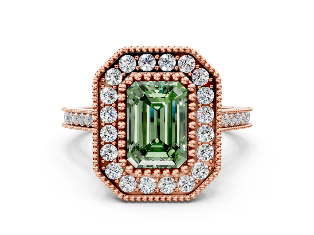Rose gold Fancy Green Emerald  Diamond Halo Ring with Milgrain Frame and Pavé Band