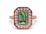 Rose gold Fancy Green Emerald  Diamond Halo Ring with Milgrain Frame and Pavé Band