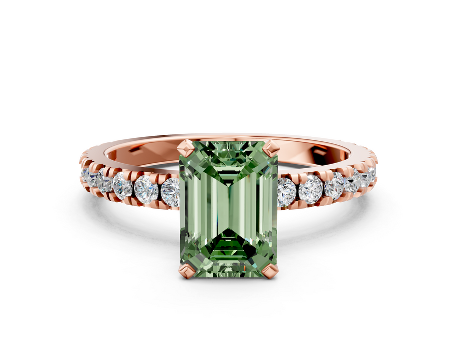 Rose gold Fancy Green Emerald  Diamond Pavé Band Solitaire with Four-Prong Setting