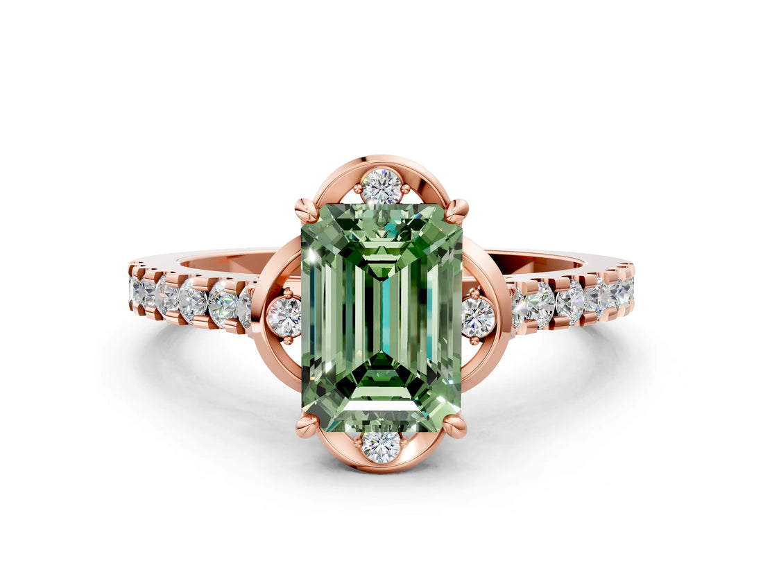Rose gold Fancy Green Emerald  Diamond Pave Band with Floral Prong Setting_27
