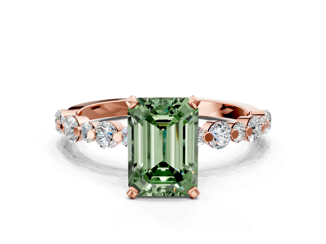 Rose gold Fancy Green Emerald  Diamond Prong Set Engagement Ring with Pave Band_221