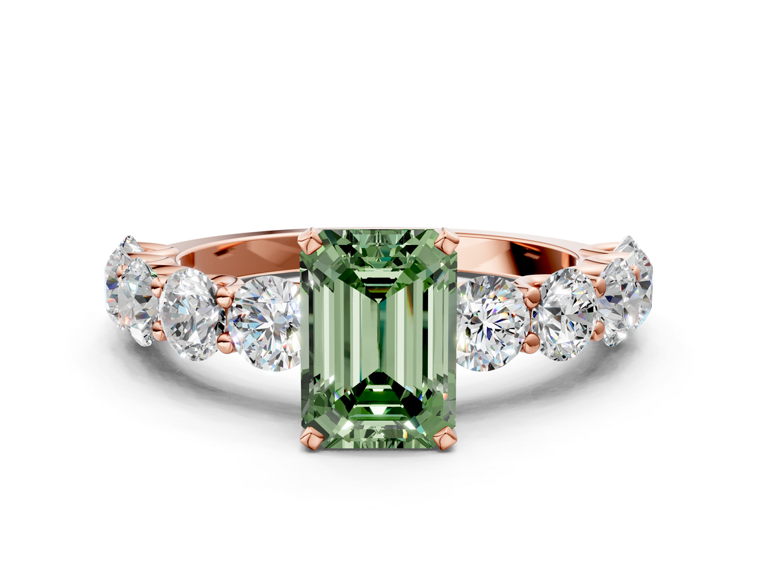 Rose gold Fancy Green Emerald  Diamond Prong Setting with Side Stones on a Pave Band_130