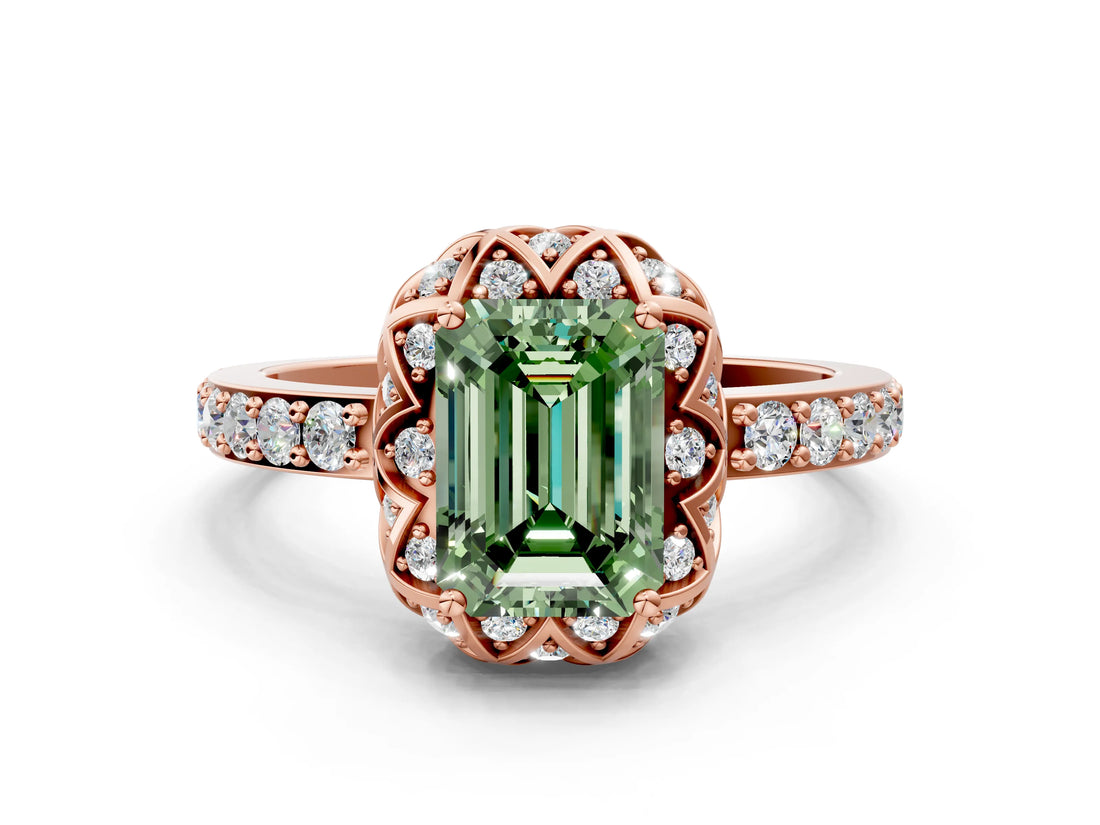 Rose gold Fancy Green Emerald  Diamond Solitaire Ring with Shared Prong Pavé Band_54
