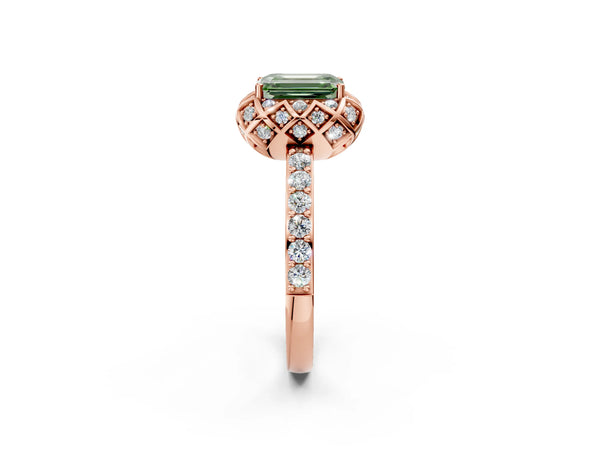 Rose gold Fancy Green Emerald  Diamond Solitaire Ring with Shared Prong Pavé Band