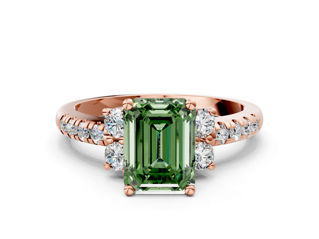 Rose gold Fancy Green Emerald  Diamond Three-Stone Pave Band with Four-Prong Setting_20