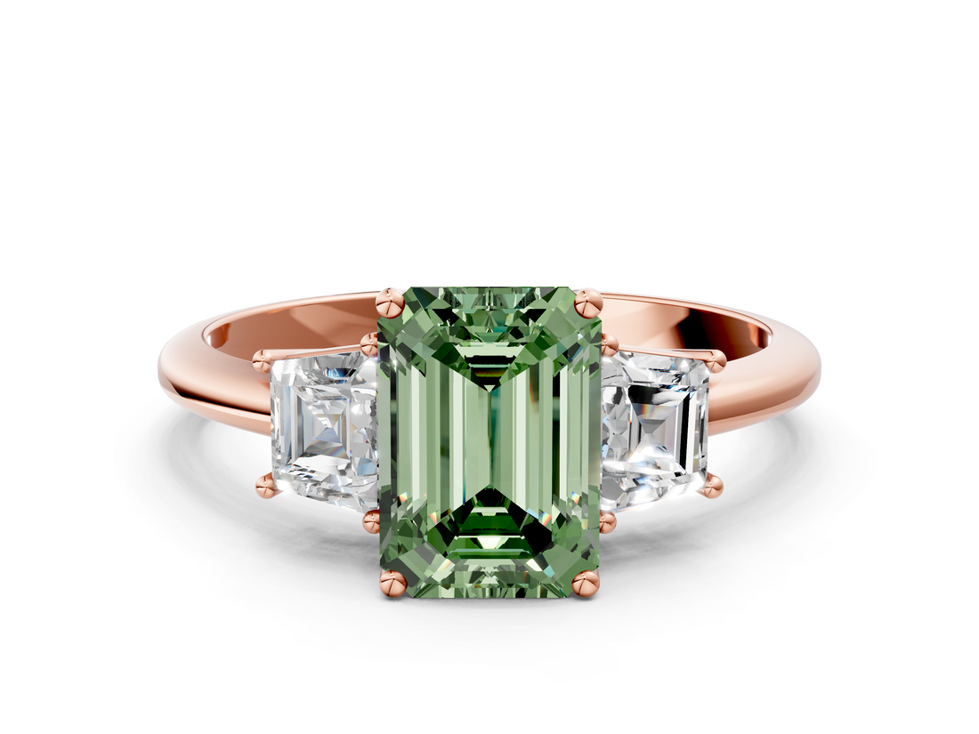 Rose gold Fancy Green Emerald  Diamond Three-Stone Ring with Trapezoid Side Stones and Prong Setting_17