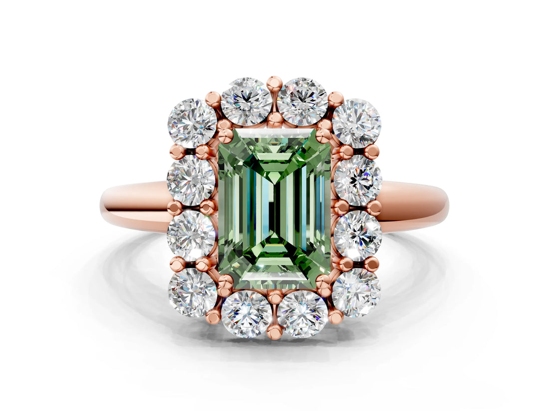 Rose gold Fancy Green Emerald  Halo Cluster Diamond Engagement Ring with Prong Setting and Polished Band_20